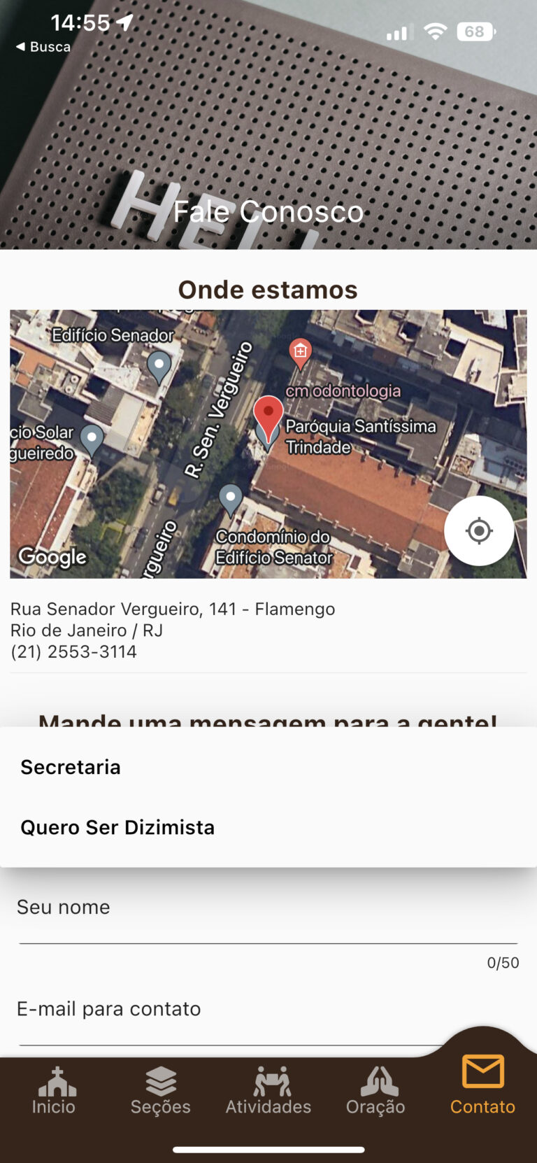 Formulário de contato pelo App